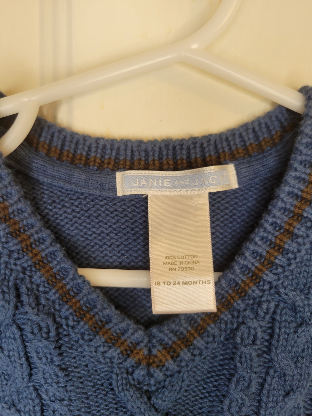 Janie and Jack Blue Cable Knit V-Neck Vest with Brown Trim - Picture 5 of 5